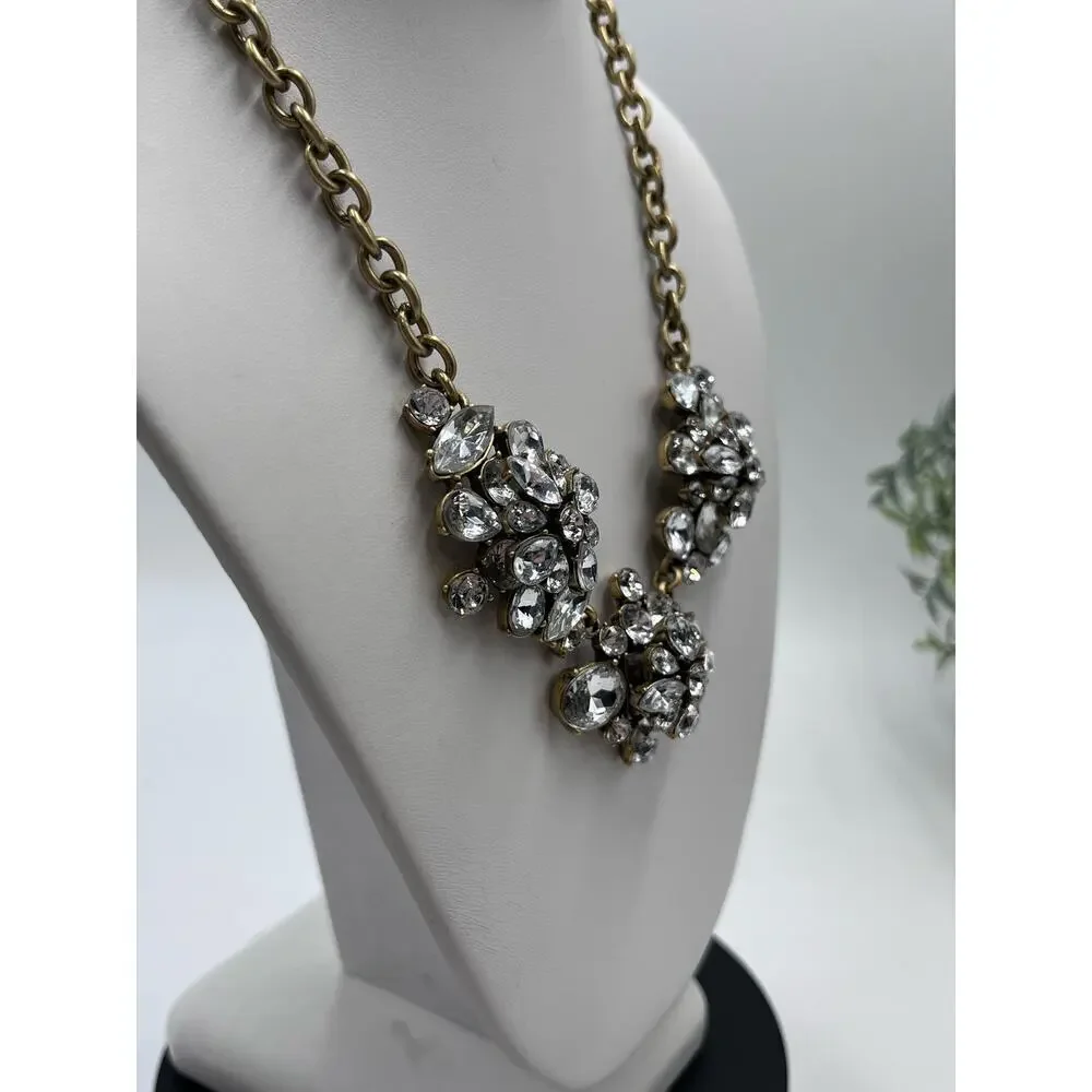 J. CREW Signed Crystal Rhinestone Gold Brass Tone Cluster Statement Necklace New
